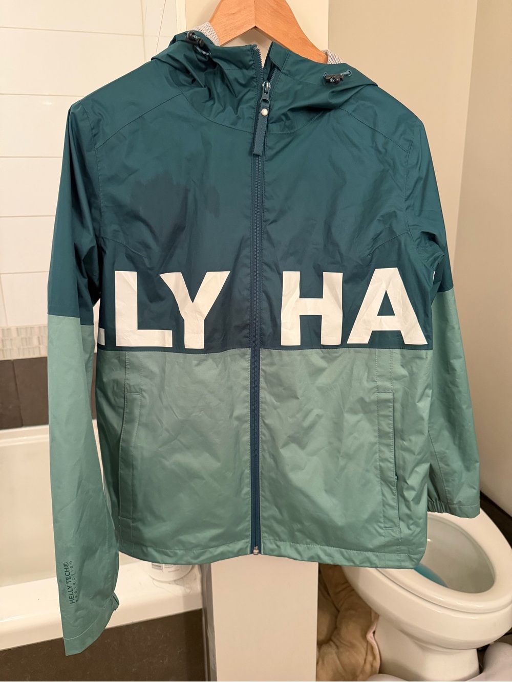 Helly Hansen Teal and Seafoam Colorblock Hooded Rain Jacket